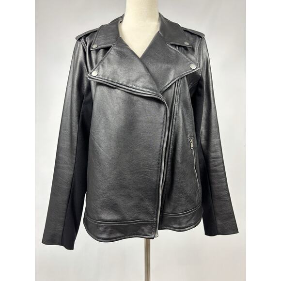 Style&Co Faux Leather Biker Moto Jacket Black Large Zip Front Pockets - Picture 2 of 14